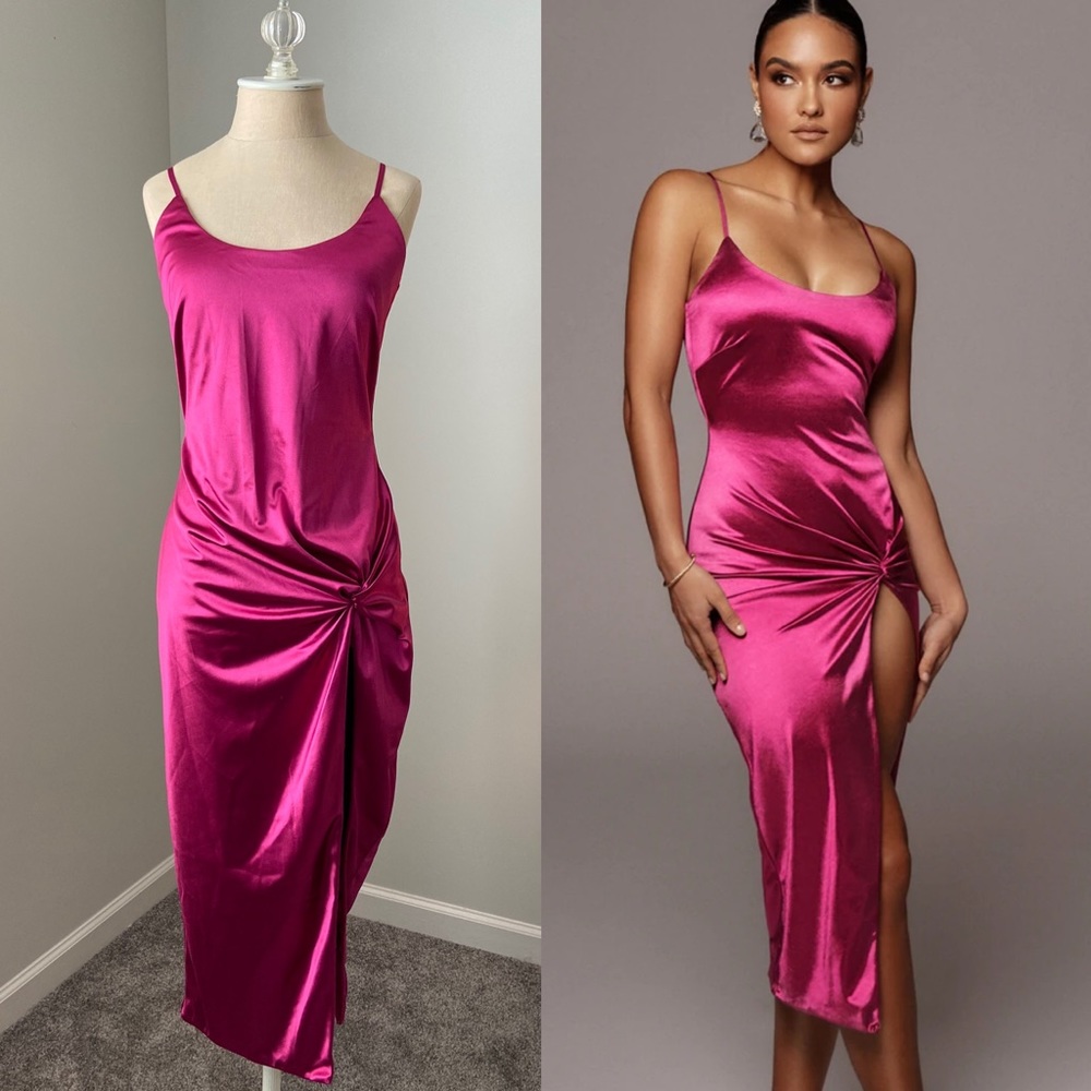 JLUXLABEL Fuschia Aldis Satin Slit Dress